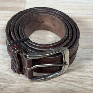Mezlan Genuine Leather Belt Mens 42 Brown Braided Inlay Silver-Tone Buckle Spain
